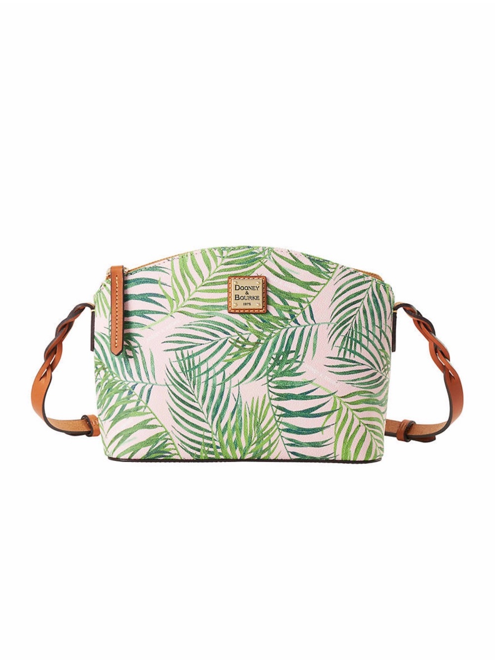 Dooney & Bourke Pink Palm-Print Crossbody with Tan Leather Strap
